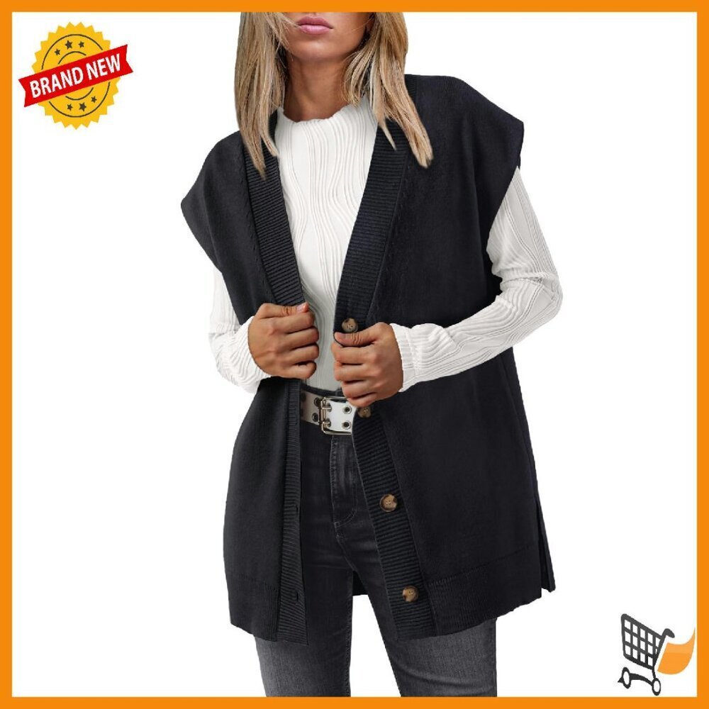 Oversized V-Neck Sweater Vest Cardigan Soft Ribbed Knit Loose Fit